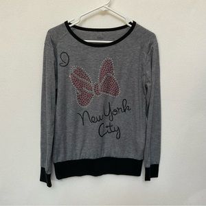 Disney Grey, Black Minnie Mouse Bow New York City Long Sleeve Top Size S Lounge